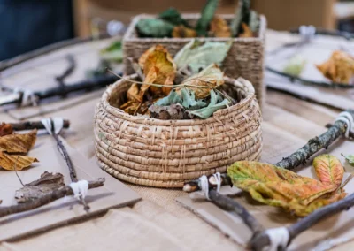 Nature-themed art project in a forest school photographed during an outdoor school photography session in Skipton, North Yorkshire