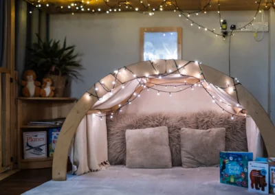 Reading tent setup in a classroom captured during a nursery photography session for pre-school marketing in Ilkley, West Yorkshire