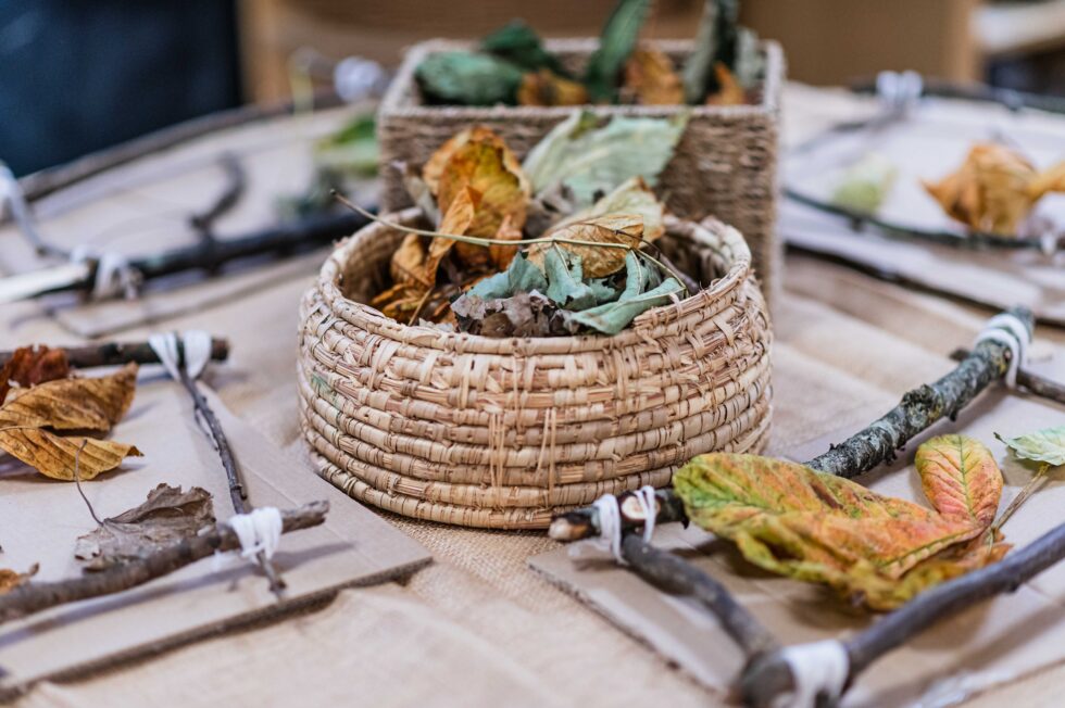 Nature-themed art project in a forest school photographed during an outdoor school photography session in Skipton, North Yorkshire